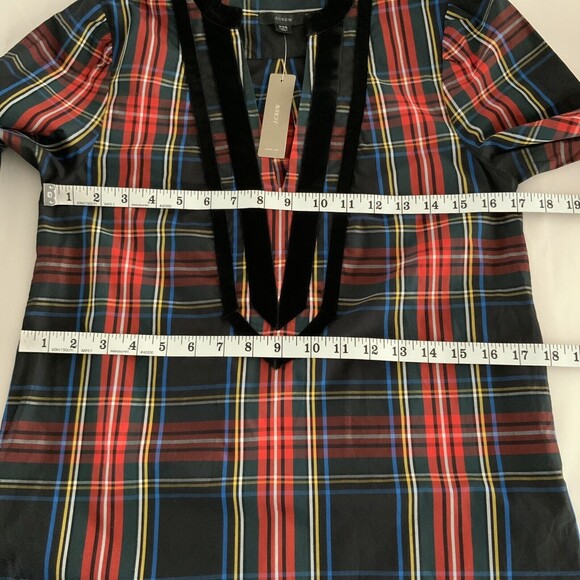 J. Crew Top Women XXS Stewart Tartan Plaid 3/4 Sleeve Velvet Trim V-neck 2020 - Picture 5 of 12